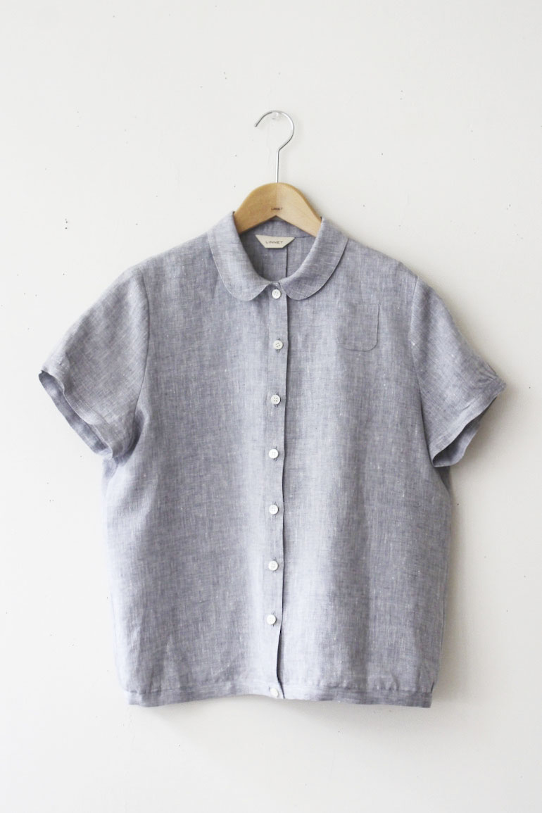 No.40 丸衿ブラウス半袖<br />リネンシャンブレイ　鳩羽色